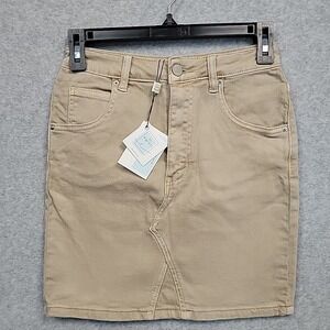 By Egreis Denim Skirt Small NWT Beige High Waist Mini Fitted Designer Runs Small